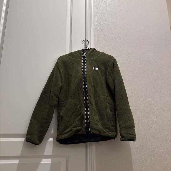 Victoria's Secret PINK Reversible Cozy Full Zip Sherpa Jacket Hoodie Olive Green - Picture 1 of 4